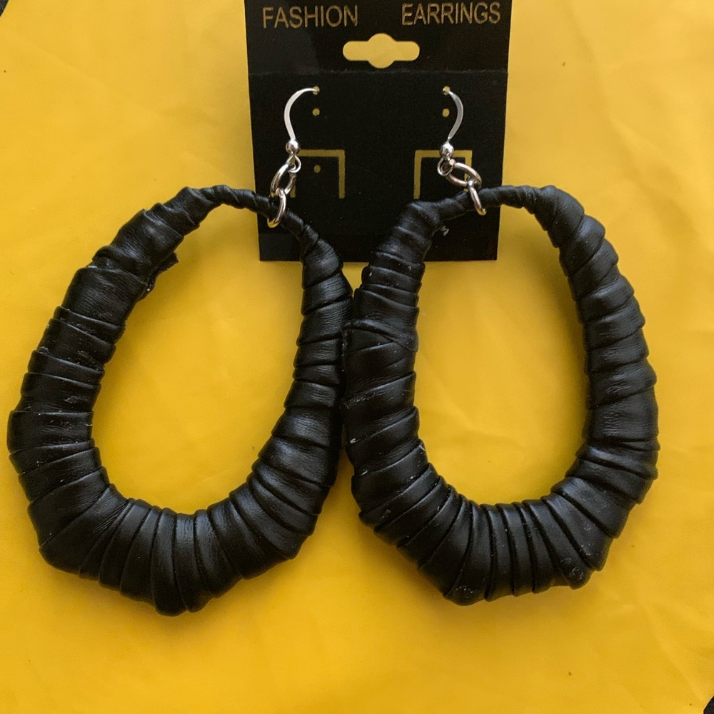 Handmade black vegan leather bamboo earrings